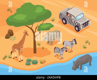 Isometrisches Foto-Safari-Konzept mit wilden Tieren und Touristen in Reise-Fahrzeug Vektor-Illustration Stock Vektor