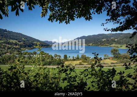 Bergpanorama und großer Alpsee in den Bayerischen Alpen bei Immenstadt im Allgau, Deutschland. Stockfoto