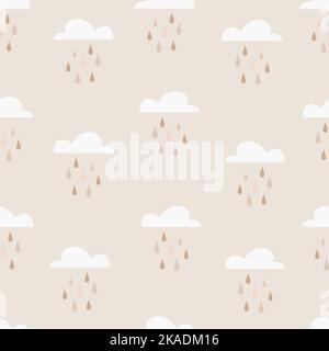 Niedliches, nahtloses, kindliches Muster für Kinder mit niedlichen Wolken und Regentropfen im skandinavischen Stil. Kindermuster mit Wolken. Stoffdesign. Stock Vektor