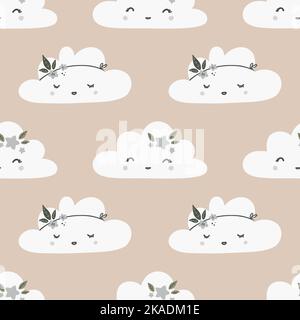 Niedliches nahtloses, kindliches Muster für Kinder mit niedlichen Wolken und Sternen im skandinavischen Stil. Babymuster mit Wolken. Stoffdesign. Stock Vektor