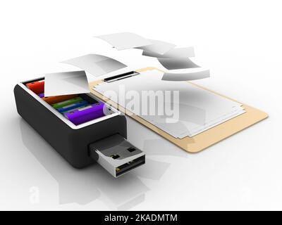 3D Office-Dokument wird gerendert Binder mit USB-Stick Stockfoto