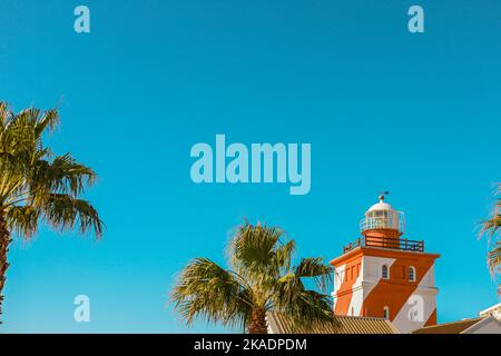 Gestreifter Leuchtturm in Greenpoint, Kapstadt, Südafrika, umgeben von tropischen Palmen Stockfoto