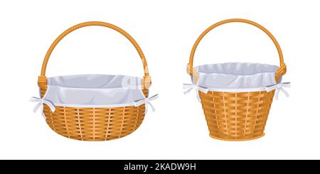 Set aus zwei isolierten Körben mit isolierten Bildern von Babykorb mit Kleidung und reiner Decke Vektor-Illustration Stock Vektor