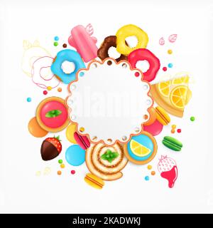 Desserts Süßigkeiten Café Süßwaren appetitlich festlich kreisförmigen Hintergrund mit Zitronenkuchen Schokolade überzogene Erdbeeren Donuts Vektor-Illustration Stock Vektor