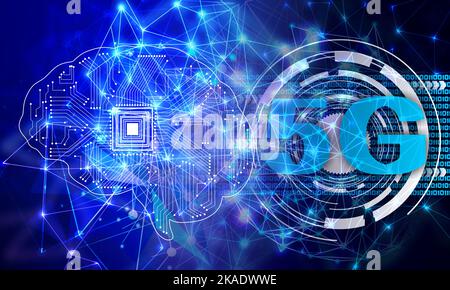Abstrakt elektrische Schaltung digitales Gehirn, 5G Technologie-Konzept. Viele Verwendungen für Werbung, Buchseite, Gemälde, Druck, mobile Hintergründe, Buch, c Stockfoto