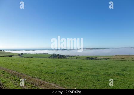 Hochnebel über Tal des River Adur, Shoreham by Sea, South Downs, West Sussex, England, Großbritannien | Nebel über dem Adur-Tal, Shoreham b Stockfoto