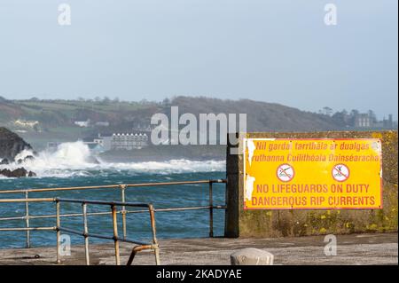 Rossarbery, West Cork, Irland. 2.. November 2022. Massive Wellen treffen heute auf die Felsen am Rossarbery Pier, da die Insel Irland derzeit unter einer Met Éireann Yellow Wind and Rain Warning steht, die bis 9pm Uhr heute Abend andauern soll. Quelle: AG News/Alamy Live News Stockfoto