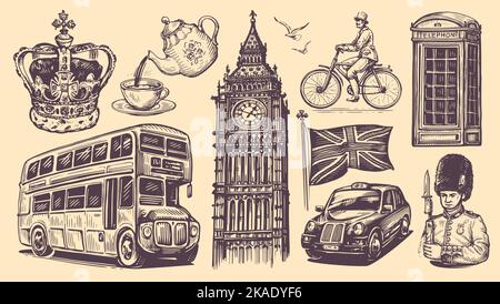 Handgezeichnete Skizze England Set. Vektorgrafik London. Elemente der Kollektion Großbritannien im Vintage-Gravurstil Stock Vektor