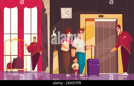 Hotel Lobby flacher Hintergrund mit Personal, die freundlich willkommen Familie von Touristen Vektor-Illustration Stock Vektor