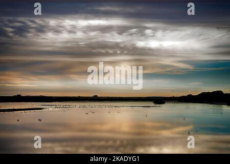 Ein ruhiger, friedlicher Sonnenaufgang über dem Titchwell Marsh, Norfolk. Stockfoto