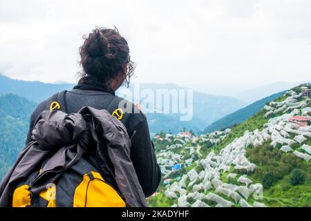 Juli 19. 2022 Himachal Pradesh Indien. Ein männlicher Tourist mit Rucksack, der in einem Tal bei Shimla auf eine Apfelorchidee blickt, die mit Hagelnetzen bedeckt ist. Stockfoto