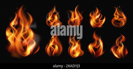 Realistisches Flammenfeuer Transparentes Symbol Set neun isolierte Mini-Brände auf dunklem Hintergrund Vektor-Illustration Stock Vektor
