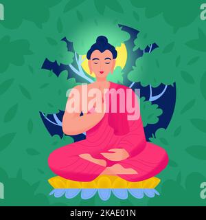 Antiker indischer hindu-gott buddha Komposition eine Figur in Lotuspose gegen den Mond Vektorgrafik Stock Vektor