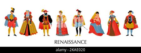 Renaissance-Stil farbige Ikone Set mittelalterliche Kostüme und Kleider in verschiedenen Farben für reiche Männer und Frauen Vektor-Illustration Stock Vektor