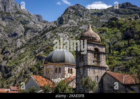 Kotor, Montenegro - 29. April 2022: Blick auf die St.-Nicolas-Kirche in der Altstadt von Kotor. Felsige Berge im Hintergrund. Stockfoto