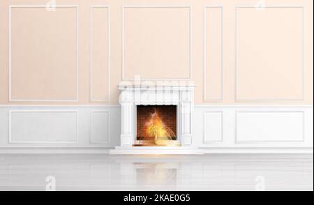 Kamin realistische Zusammensetzung mit Innenansicht der modernen Innenausstattung mit pastellfarbenen Wänden und Feuer in Kamin Vektor-Illustration Stock Vektor