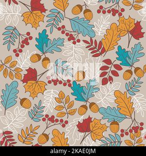 Nahtlos gemustertes Herbstelement. Blätter, Eberesche, Eicheln. Modernes Endlosmuster in Pastellfarben mit hellen Akzenten. Sich wiederholende Vektorgrafik Stock Vektor