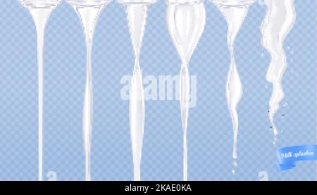 Milk Flow realistischer Satz isolierter vertikaler Ströme weißer Flüssigkeit verschiedener Formen auf transparenter Vektorgrafik im Hintergrund Stock Vektor