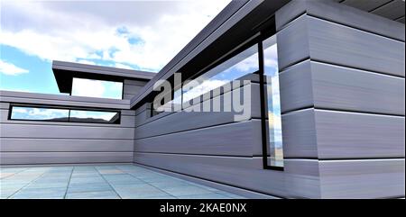 Nicht-Standard-längliches Fenster eines futuristischen Hauses mit innovativem ästhetischem, verlässlichem Material. Pflastersteine aus quadratischen Betonplatten. 3D Stockfoto