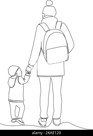 Rückansicht einzeilige Zeichnung von Mutter und Kleinkind, die Hand in Hand gehen, fortlaufende Vektorgrafik