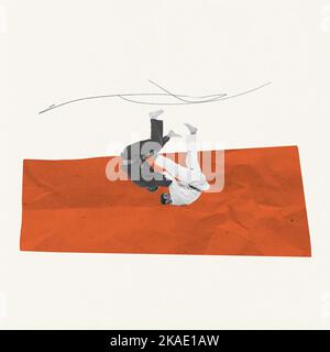 Kreatives Design. Zwei Männer, professionelle Judo-Athleten trainieren, üben Würfe auf gezogenem roten Teppich Stockfoto