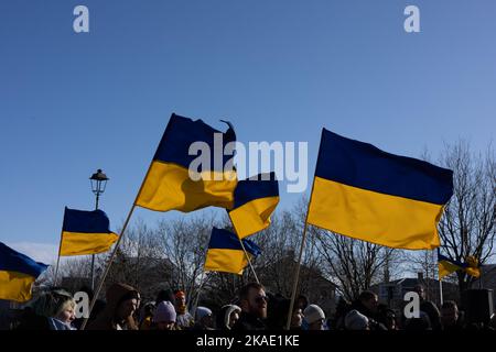 Ukrainische Flaggen in der Luft. Stockfoto