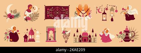 Islamische Boho Farbe Symbole mit Tradition muslimische Religion Symbole isoliert Vektor-Illustration gesetzt Stock Vektor