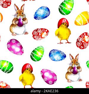 Farbenfroher Osterhintergrund. Nahtloses Muster mit Eiern, Hühnern und Kaninchen. Aquarelldarstellung. Urlaub. Für Textilien, Verpackungen, Dekorationen, Stockfoto