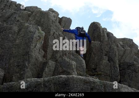 Eingeflügelter Mann klettert über das Rocky Tor zum wahren Gipfel des Wainwright 'harter Fell' in der Nähe von Eskdale, Lake District National Park, Cumbria, England, Großbritannien Stockfoto