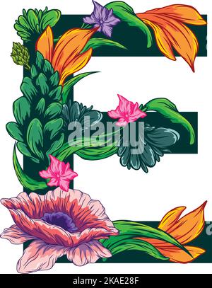 Ein Vektor des großen E-Buchstabens mit grünen Blättern und Blumenmustern - grotesker Stil Stock Vektor