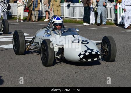 John Chisholm, Gemini-Ford MK3A, Chichester Cup, ein 20-minütiges Rennen für die Formel-Junioren mit Hintermotor und Trommelbremsen, das in den Jahren 1958 t fuhr Stockfoto