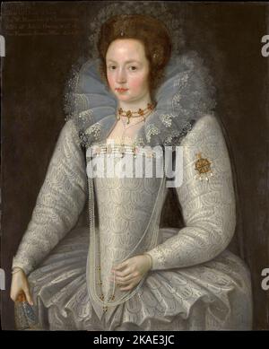 Ellen Maurice (1578–1626) von Marcus Gheeraerts the Younger im Jahr 1597- Ellen Maurice (1578-1626) war eine prominente walisische Erbin, die ihr Großvater, Sir William Maurice, in die Stände von Clenennau, Porkington, Und Llanddyn.im Alter von etwa 19 Jahren in Gheeraerts Darstellung von ihr, feierte dieses Porträt höchstwahrscheinlich die erste Ehe der reichen jungen Erbin mit John Owen und ihre konsequente Einführung in den prächtigen Hof ihrer Landsfrau, "Gloriana". Während der elisabethanischen Ära waren Perlen als die "Königin der Edelsteine" bekannt, und es wurde geschätzt, dass auf dem heutigen Markt Ellin Ma Stockfoto