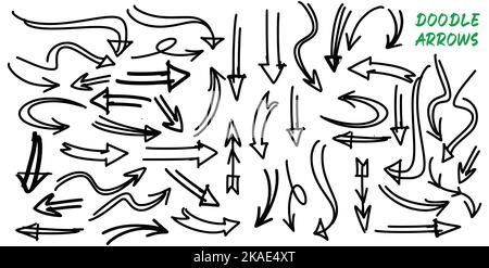 Eine Vektordarstellung von Kritzelpfeilen in verschiedenen Formen auf weißem Hintergrund Stock Vektor