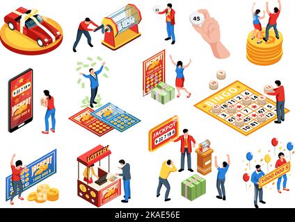 Isometrische Lotterie und Bingo-Symbole mit gewinnen und verlieren Menschen isoliert Vektor-Illustration gesetzt Stock Vektor