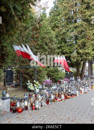 Polen, Raszyn 11 02 2022: Allerheiligen auf kleinem Friedhof. Stockfoto