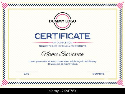Ein Vektor einer Zertifikatvorlage mit Dummy-Text, der mit einem karierten Muster eingerahmt ist Stock Vektor