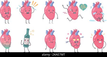 Figuren aus menschlichen Organen Zeichentrickserie mit isolierten Bildern des anatomischen menschlichen Herzens mit Vektor-Illustration für Gesicht und Gliedmaßen Stock Vektor