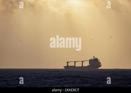 Handelsschiff vor der portugiesischen Küste bei Sonnenuntergang vor Anker. Stockfoto