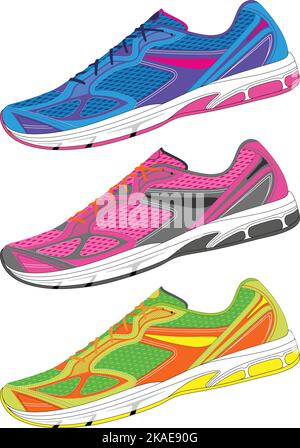 Die drei Sneaker sind auf weißem Hintergrund isoliert. Skalierbare Vektorgrafik. Stock Vektor