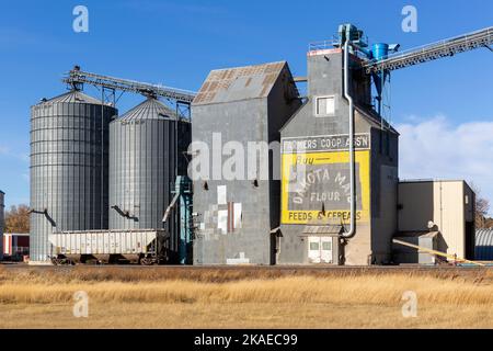 Metallkörnbehälter und ein alter Getreideaufzug mit einer verblassten „Buy Dakota Maid Flour“-Werbung in Cleveland, North Dakota Stockfoto