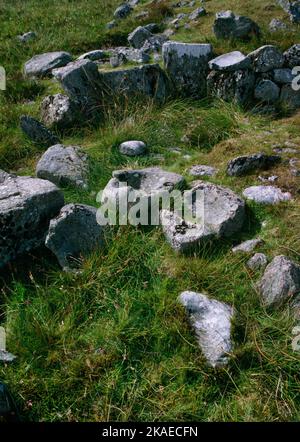 Trog Querns & ein stampfender Stein im Innenhof des spätneolithischen Hauses von Benie Hoose bei Pettigarths Field Settlement, Whalsay, Shetland, UK. Stockfoto
