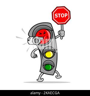 Ampelzeichen, das ein Stoppsignal ausgibt, wie es in der linken Hand zu sehen ist, das Stoppschild hält und die Pfeife bläst Stock Vektor