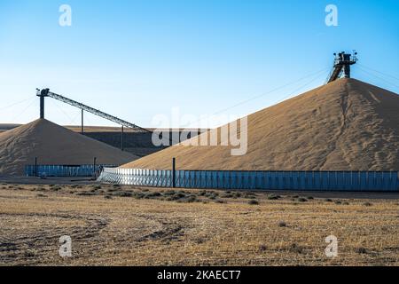 Offene Getreidelagerung am Ende der Erntezeit im Palouse, WA Stockfoto