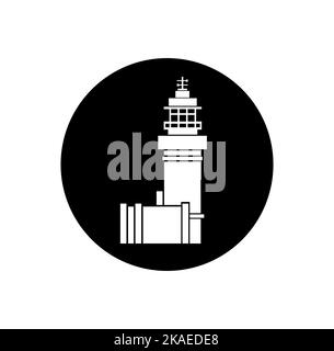 Ein Vektordesign der Ikone des Cape Byron Lighthouse von Australien in einem schwarzen Kreis isoliert auf weißem Hintergrund Stock Vektor