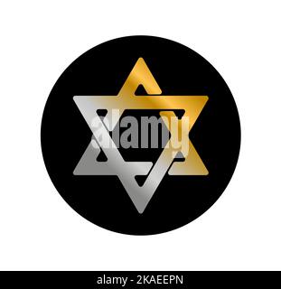 Jüdische Symbolik Vektorsymbol. Der Stern Davids ist ein Symbol des Judentums als Religion mit Silber- und Goldfarben. Stock Vektor