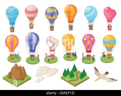 Isometrische Heißluftballon-Reisesymbole setzen isolierte Vektordarstellung Stock Vektor