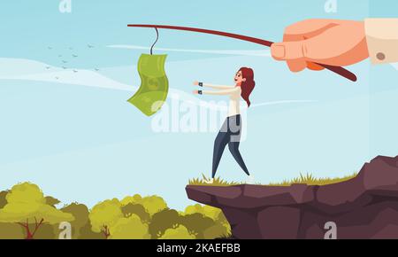 Geldmanipulation Design-Konzept mit Geschäftsmann manipulieren Frau mit Banknote auf Angelrute Cartoon-Vektor-Illustration Stock Vektor