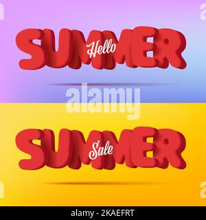 Hello Sommer Schriftzug mit 3D abgerundeten roten Buchstaben, Rendering Cartoon Stil Abzeichen Stock Vektor