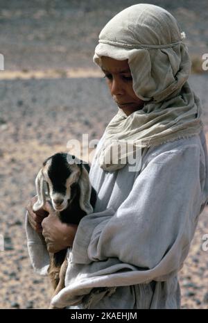 Marokko. Sahara-Region. Beduinenjunge mit Ziegenbaby. Stockfoto