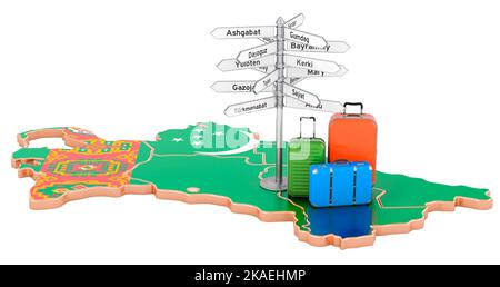 Turkmenistan Reisekonzept. Turkmenische Flagge auf Karte mit Koffern und Wegweiser, 3D Darstellung isoliert auf weißem Hintergrund Stockfoto